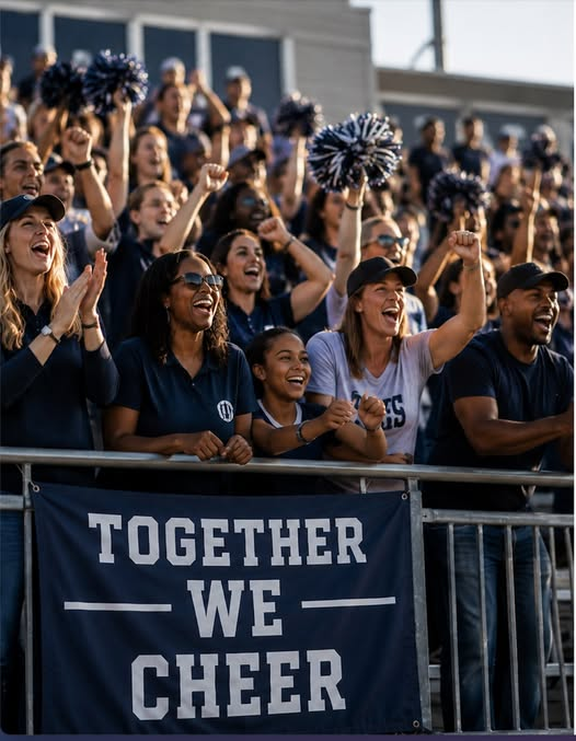 Fans cheering behind a Together We Cheer banner